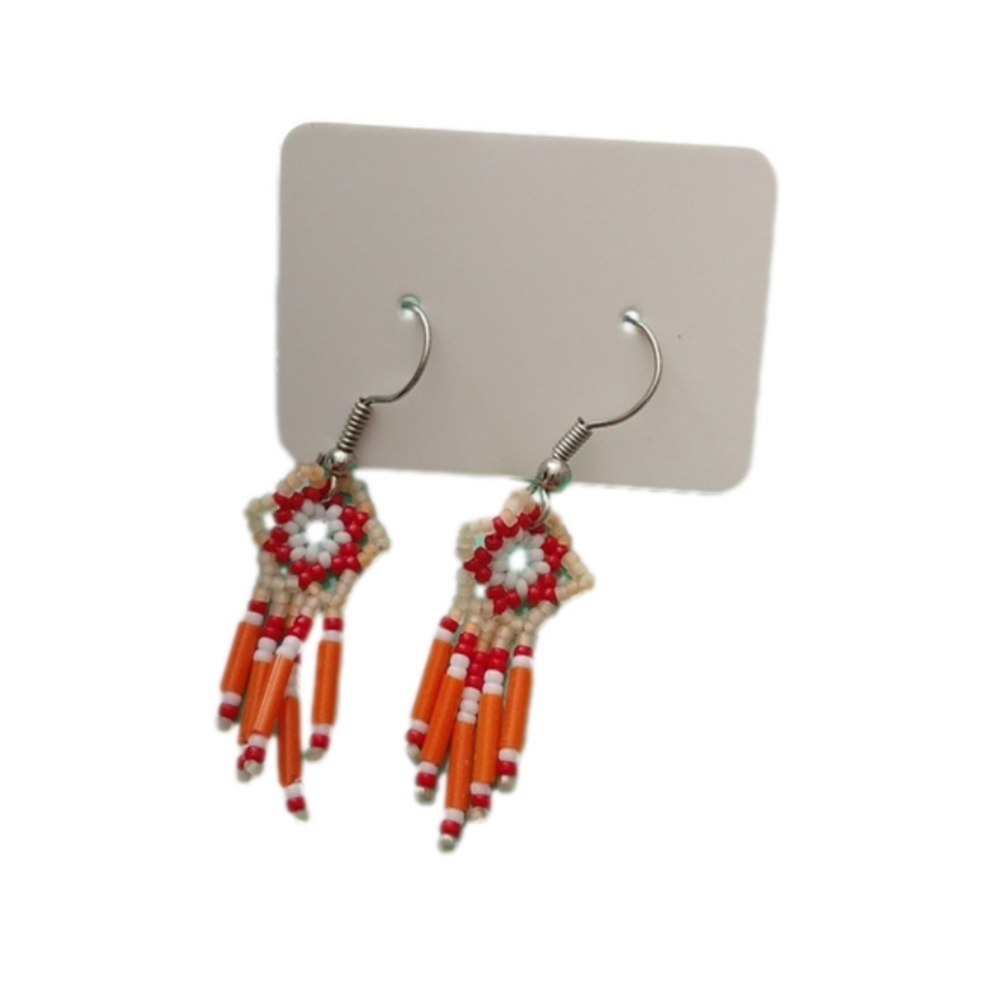 Navajo Elder Handmade Beaded Orange Red Flower Dream Catcher Earrings